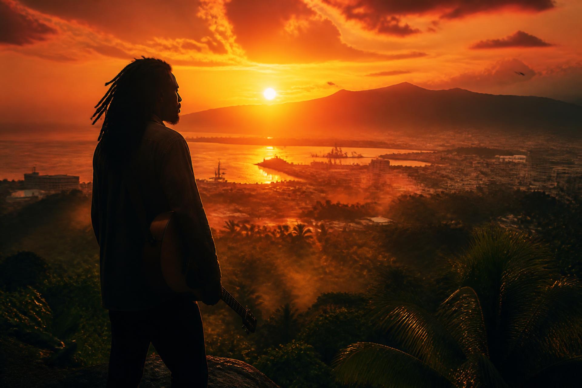Reggae musician at sunset over Kingston